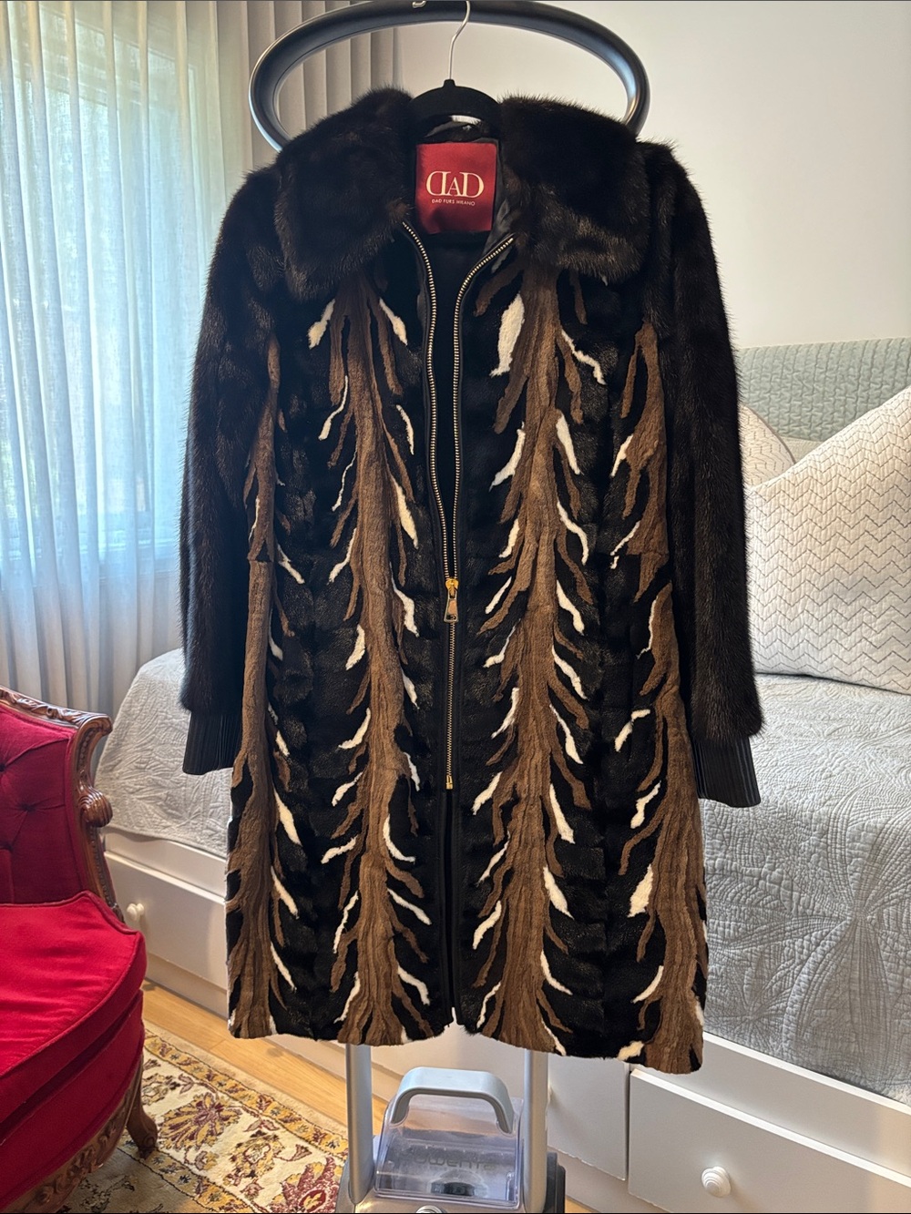 Luxury Women's Brown & Black Patterned Fur Trench Coat by